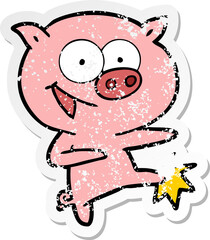 distressed sticker of a cheerful dancing pig cartoon