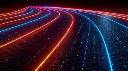 A 3D render of glowing neon track and field on black background