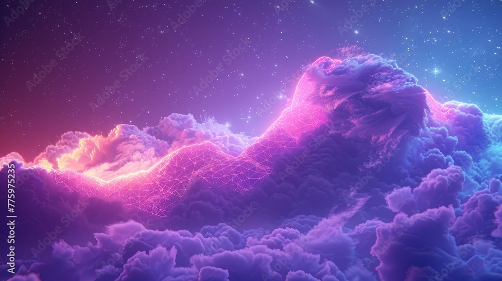 Poster a dreamy 3d render of a neon cloud with geometric patterns