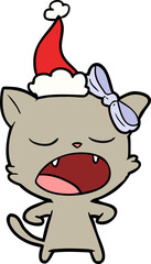 hand drawn line drawing of a yawning cat wearing santa hat