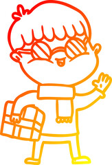 warm gradient line drawing of a cartoon boy wearing spectacles carrying gift