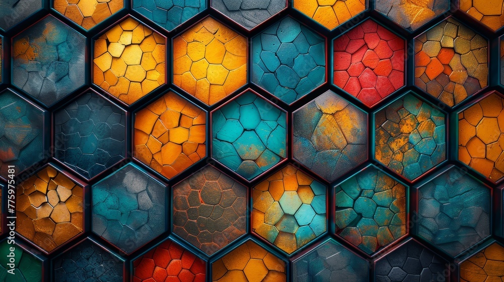 Poster A seamless hexagon pattern with ornamental elements. An abstract ornate background. A colorful seamless pattern with hand drawn doodles. Backround wallpaper. A hexagon tile.