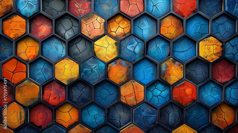 Poster The seamless hexagon pattern is ornamented with ornaments. Abstract doodle art seamless pattern. Hexagon tiles. Background wallpaper.