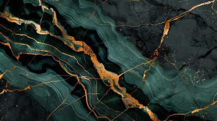 The background consists of abstract abstract background, black and green marble with gold veins and japanese kintsugi technique. The wallpaper consists of fake painted artificial stone texture,