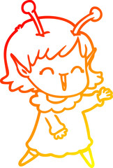 warm gradient line drawing of a cartoon alien girl laughing