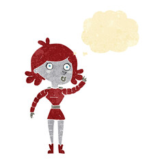 Obraz na płótnie Canvas cartoon robot woman waving with thought bubble