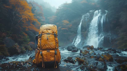  adventure-ready spirit of a rugged hiking backpack, positioned against a backdrop of lush forest trails and cascading waterfalls © RANA