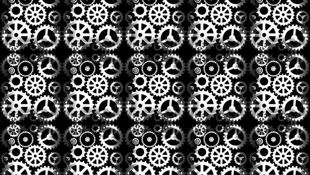 Rotating white random gears animation on a black background 4K
