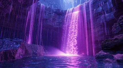 Foto op Plexiglas A shimmering neon waterfall cascading down a rocky cliff © MAY