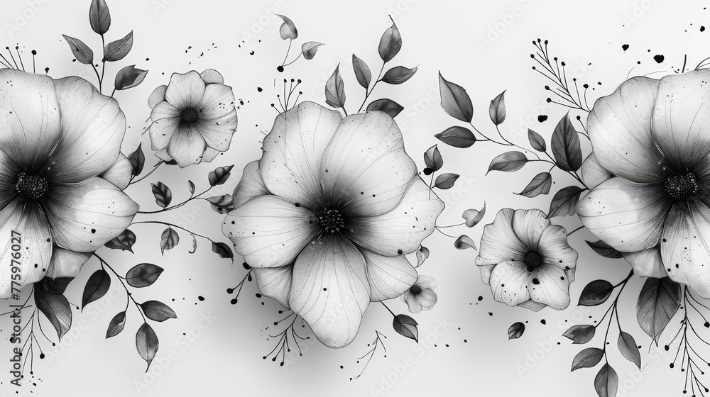 Poster Abstract seamless pattern with doodle floral elements and scribble textures.