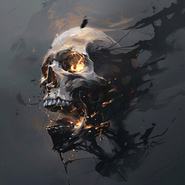 A dark, artistic rendering of a skull with golden highlights and abstract elements.