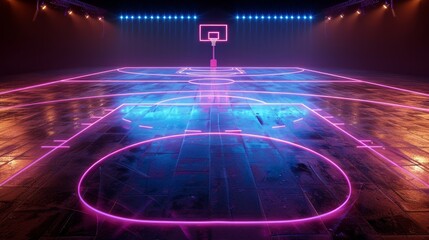 Fototapeta premium An electrifying 3D render of glowing neon basketball court on a black background