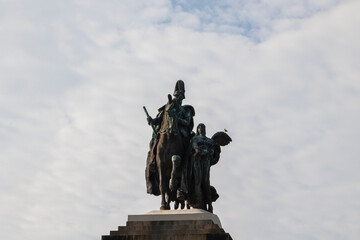 Kaiser Wilhelm Monument at the Deutsches Eck in Koblenz on a slightly cloudy day in spring at the confluence of the Rhine and Mosel rivers in Germany, Koblenz, 22 March 2024