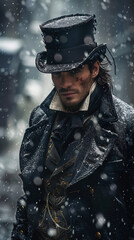 person in a detailed coat and top hat amidst falling snow.