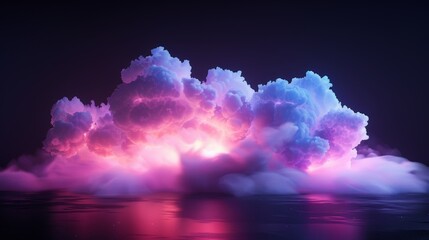 Isolated on black background, glowing cloud illuminated with pink neon light. Clip art of cumulus clouds.
