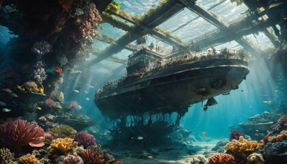 An enchanting underwater scene with a sunken ship nestled amongst vibrant coral reefs, teeming with marine life and illuminated by ethereal light rays