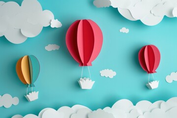 Naklejka premium Whimsical Air balloons paper cut mountains. Festival balloon. Generate Ai