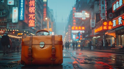 a compact travel organizer, elegantly displayed against a backdrop of city lights and bustling streets, showcasing its organizational prowess, in cinematic 8k high resolution. - obrazy, fototapety, plakaty