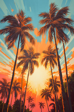 A painting of palm trees with the word palm