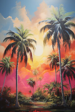 A painting of palm trees with the word palm