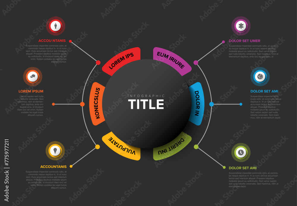 Poster simple dark colorful circular infographic design template with six element and title in the middle