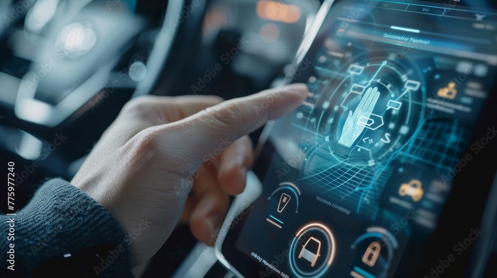 Aufkleber An online document store and protection of vehicle data using virtual screens, with a man-finger scan technology to encrypt the data on a smartphone connected to the system.