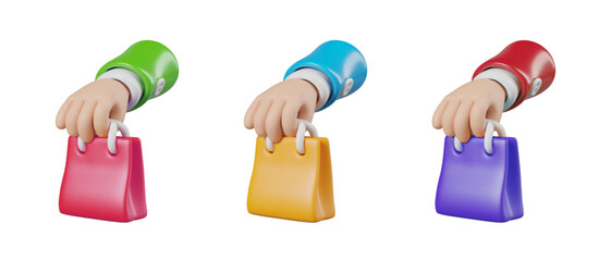 Realistic hand holding small bag with handles. Set of packaging in different colors