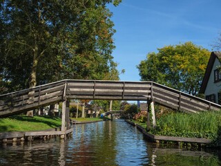 Beautiful view of a bridge over the river. Giethoorn, Overijssel, Netherlands