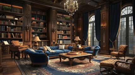Leather Sofa With Cushions Standing On Living Room With Stylish Interior Design And Collections Books On Bookshelves In Library  Work Cabinet Wall Mural