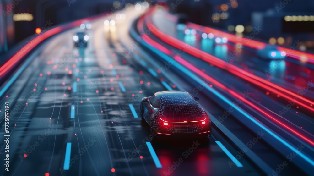 Aufkleber Visualization of an autonomous car on a highway. The AI is used to scan the road with sensors and control the vehicle.