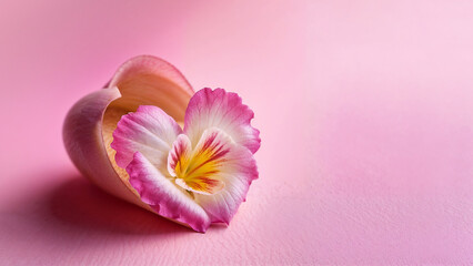 An arrangement with heart-shaped petals inside a shell with white petals and pink edges. The pink and textured background. Soft lighting and copy space.