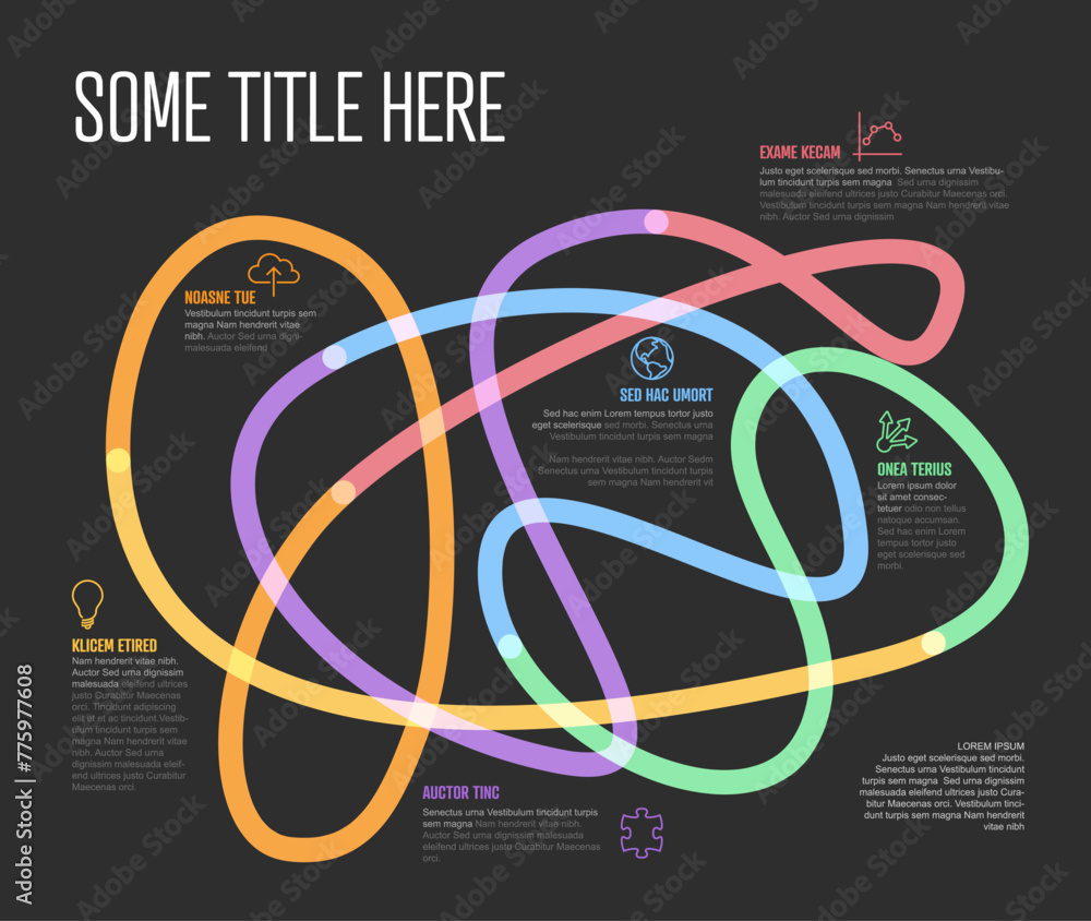 Poster dark infographic with colorful swirling curves in big tangle text and icons for various data points