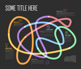 Dark Infographic with colorful swirling curves in big tangle text and icons for various data points - 775977608