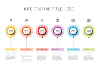 Six circle steps timeline process infographic template with icons
