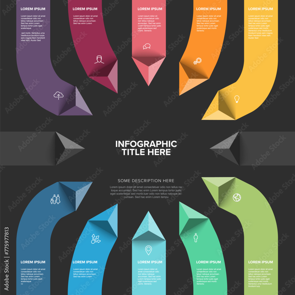 Poster vector dark multipurposevertical infographic template with ten stripes and triangle arrows elements