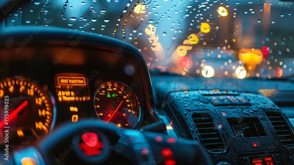 Poster concept of a transportation vehicle with car audio and radio panel at night with bokeh light from a 