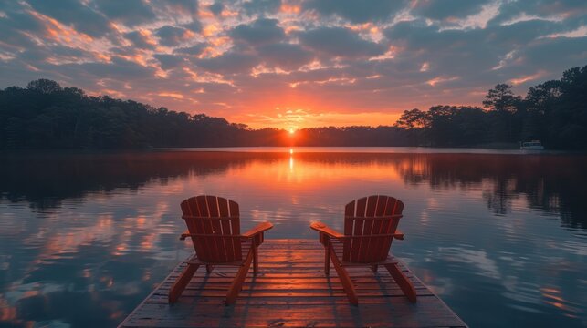 The sun rises on two empty chairs located on a dock on a lake