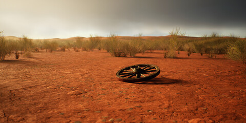 Wooden wheel in desolate desert with cloudy sky. - 775978297