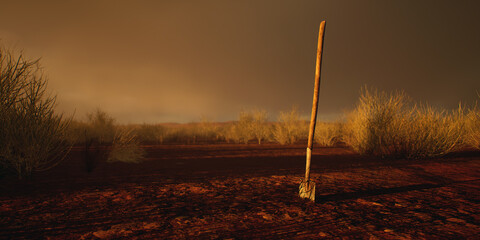 Spade in ground in desolate desert during sunset. - 775978401