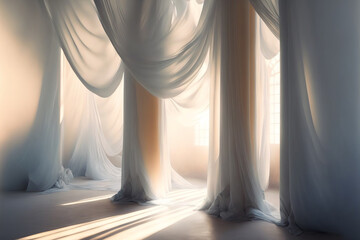 Tulle drape white sheer silk curtain in sunlight - obrazy, fototapety, plakaty
