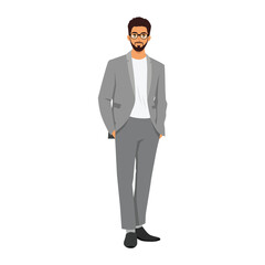 Businessman in grey suit standing with hands in pockets. Flat vector illustration isolated on white background