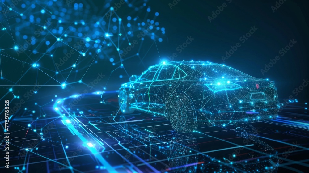 Poster Abstract image of smart car in the form of a starry sky or space. Hologram auto in HUD UI style. Futuristic car service, scanning, and auto data analysis. User interface wireframe of futuristic car