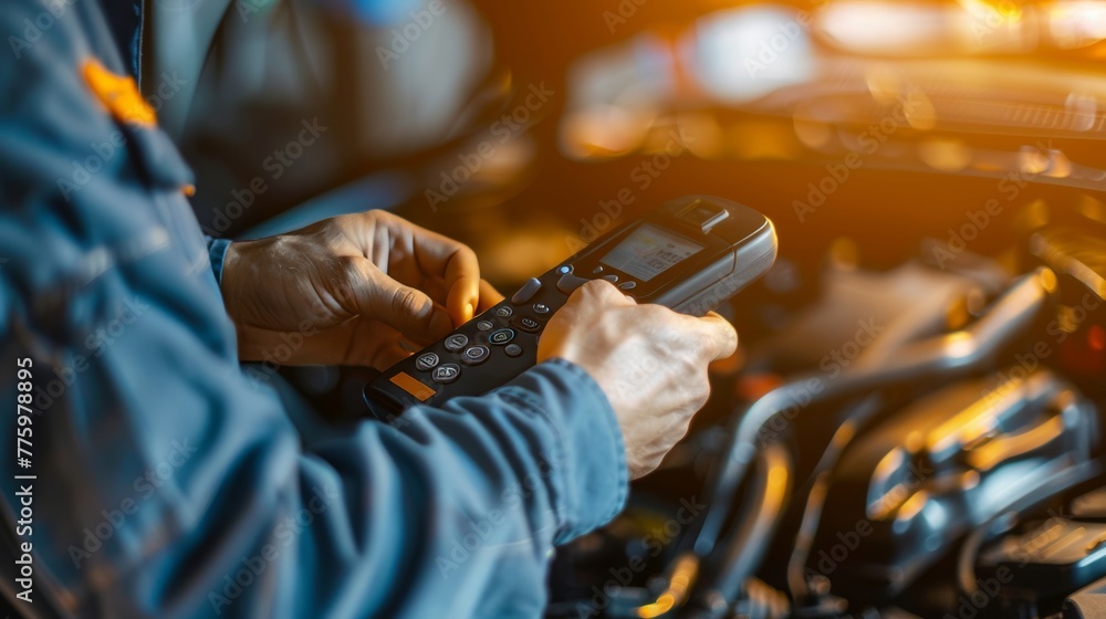 Poster using a car diagnostic scanner by an auto mechanic