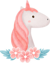 watercolor cute unicorn with flower garland in pastel color , kawaii unicorn set