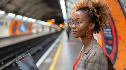 Stylish young woman waiting at subway station with laptop