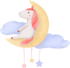 watercolor cute unicorn sitting on the moon in pastel color , kawaii unicorn set