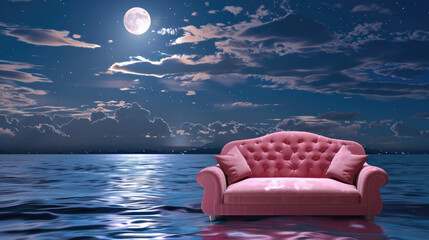 Pink sofa, the background is the sea and sky with clouds at night, there is moonlight in front of it, in the style of hyperrealistic