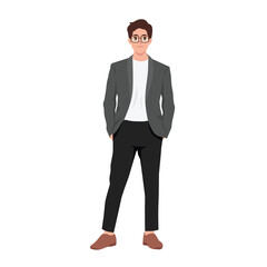 Young businessman in formal suit standing with hands in pockets. Flat vector illustration isolated on white background