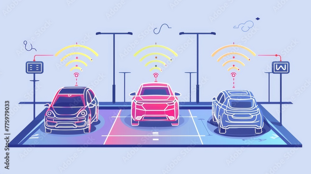Poster parking assist system with color line icon. self-driving concept using intelligent sensors to find f