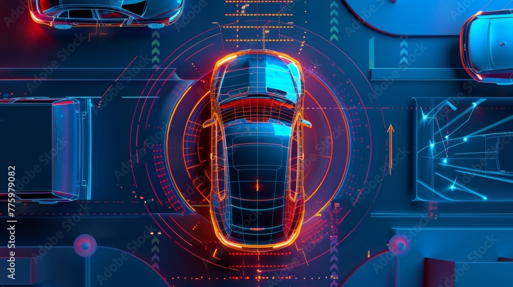 Aufkleber in future, autonomous smart car will scan the road for hazards. iot concept in autonomous self-drivi